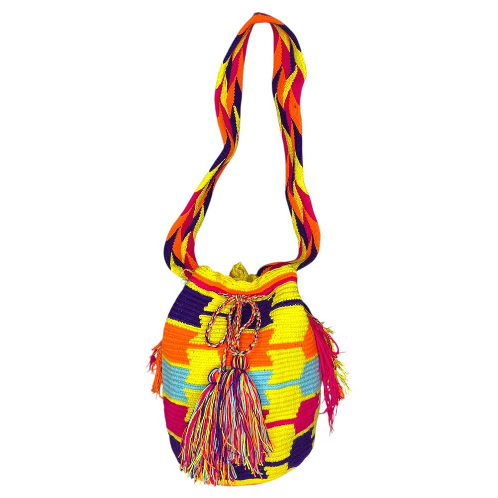 Colombian Handmade Mochila Small Wayuu Bag Vibrant Yellow with Tassels